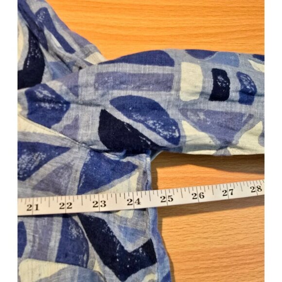 Studio Works Shirt 2X Linen Geometric Artsy Breathable Woven Button Up Boho Blue - Picture 4 of 11
